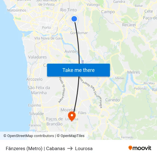 Fânzeres (Metro) | Cabanas to Lourosa map