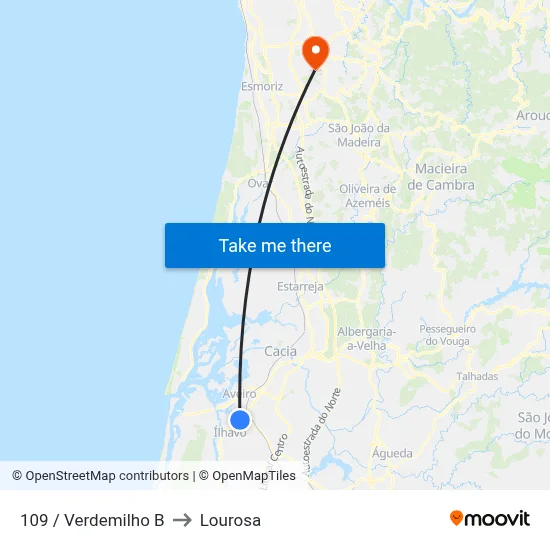 109 / Verdemilho B to Lourosa map