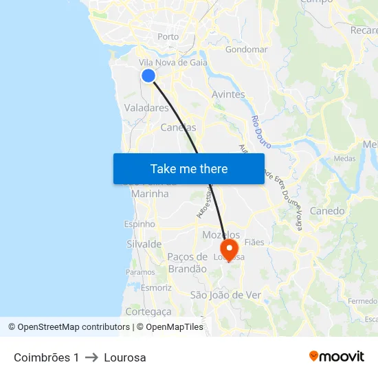 Coimbrões 1 to Lourosa map