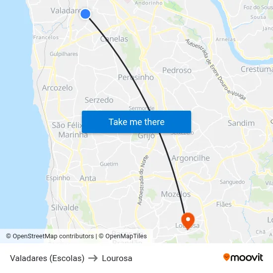 Valadares (Escolas) to Lourosa map