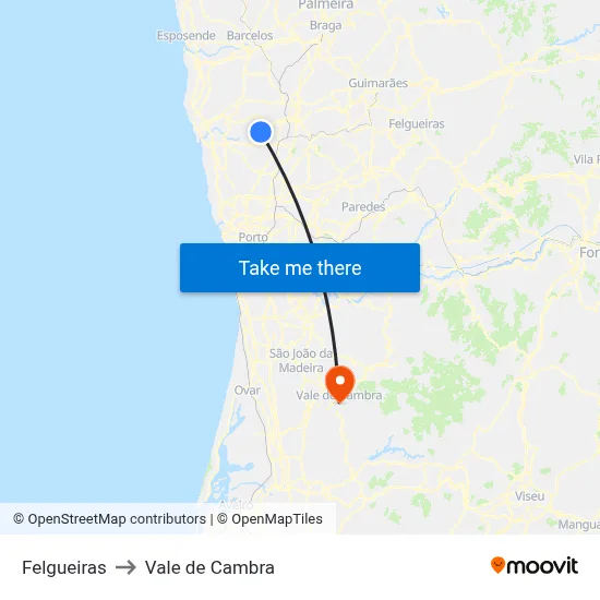 Felgueiras to Vale de Cambra map