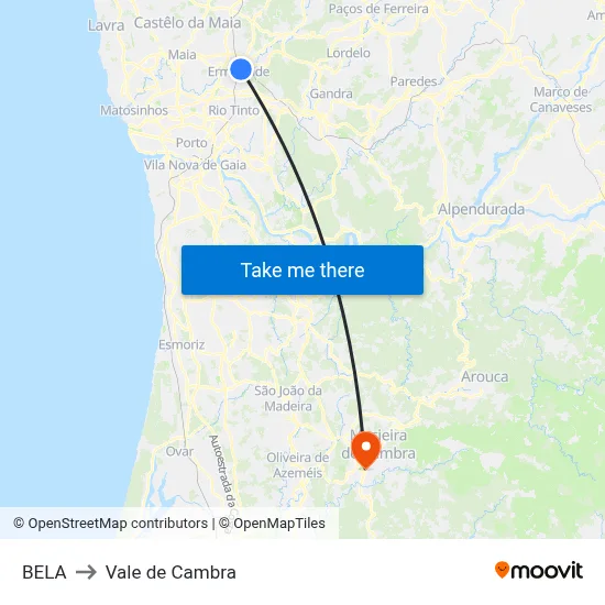 BELA to Vale de Cambra map