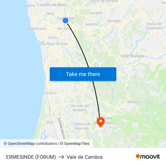ERMESINDE (FORUM) to Vale de Cambra map