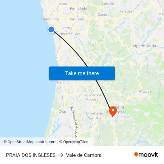 PRAIA DOS INGLESES to Vale de Cambra map