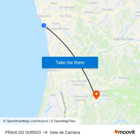 PRAIA DO OURIGO to Vale de Cambra map
