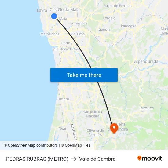 PEDRAS RUBRAS (METRO) to Vale de Cambra map