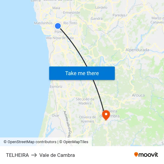 TELHEIRA to Vale de Cambra map