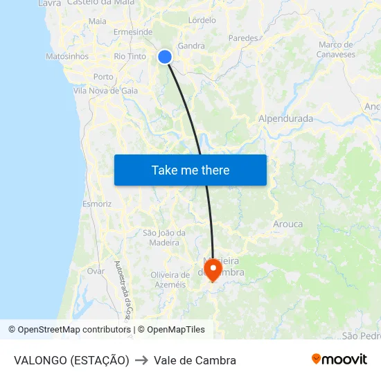 VALONGO (ESTAÇÃO) to Vale de Cambra map
