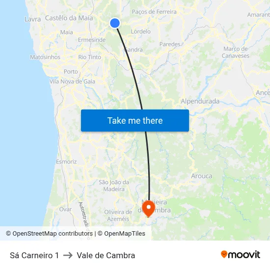 Sá Carneiro 1 to Vale de Cambra map