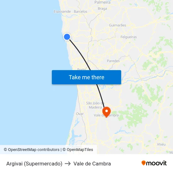 Argivai (Supermercado) to Vale de Cambra map