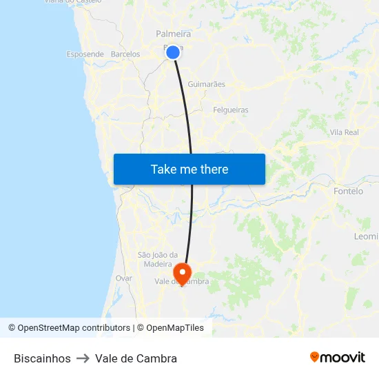 Biscainhos to Vale de Cambra map