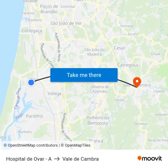 Hospital de Ovar - A to Vale de Cambra map