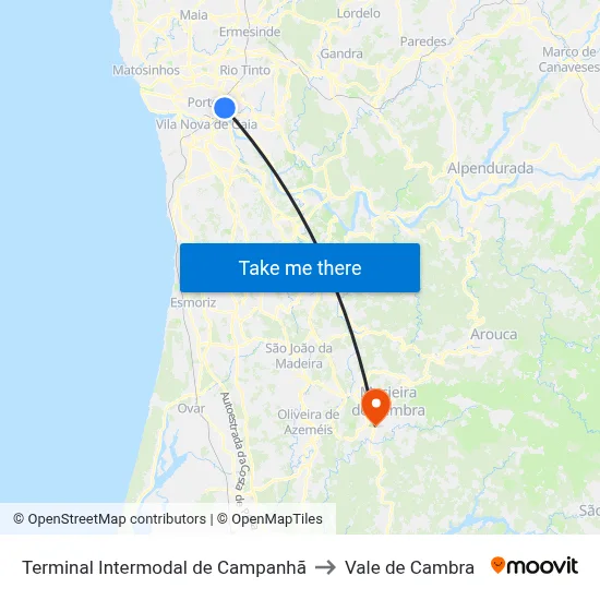 Terminal Intermodal de Campanhã to Vale de Cambra map