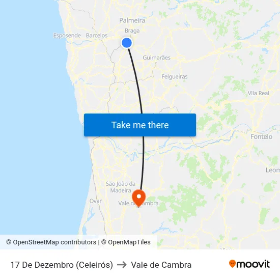 17 De Dezembro (Celeirós) to Vale de Cambra map