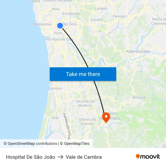 Hospital De São João to Vale de Cambra map