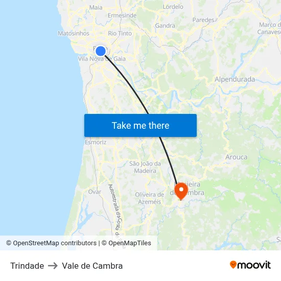 Trindade to Vale de Cambra map