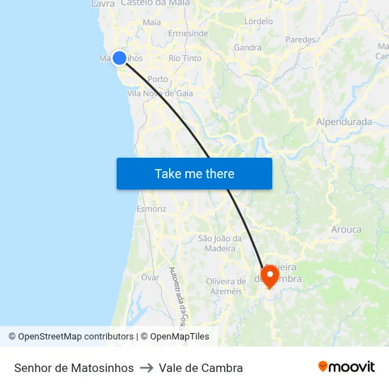 Senhor de Matosinhos to Vale de Cambra map