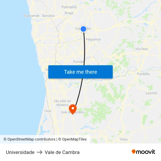 Universidade to Vale de Cambra map
