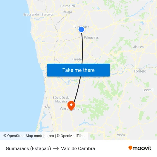 Guimarães (Estação) to Vale de Cambra map