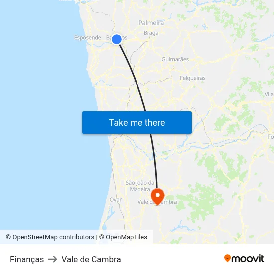 Finanças to Vale de Cambra map