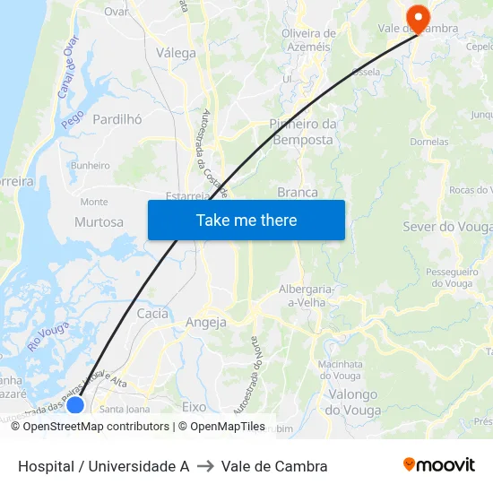 Hospital / Universidade A to Vale de Cambra map