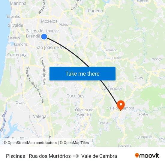 Piscinas |  Rua dos Murtórios to Vale de Cambra map