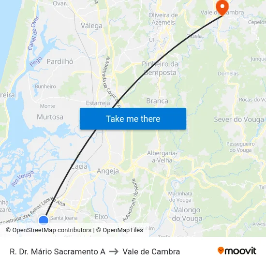 R. Dr. Mário Sacramento A to Vale de Cambra map