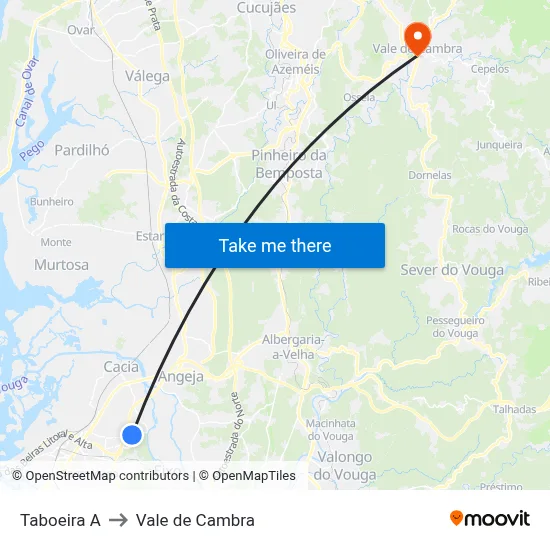 Taboeira A to Vale de Cambra map