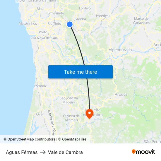 Águas Férreas to Vale de Cambra map
