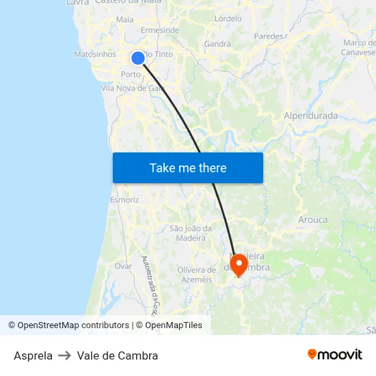 Asprela to Vale de Cambra map