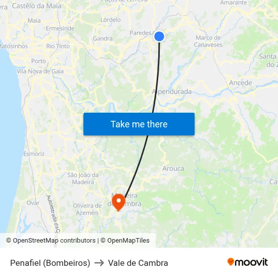 Penafiel (Bombeiros) to Vale de Cambra map