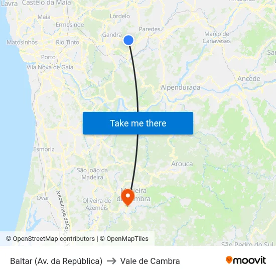 Baltar (Av. da República) to Vale de Cambra map