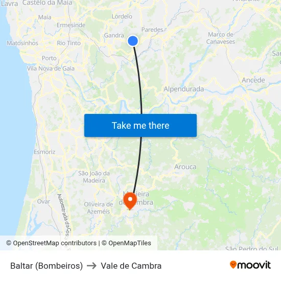 Baltar (Bombeiros) to Vale de Cambra map
