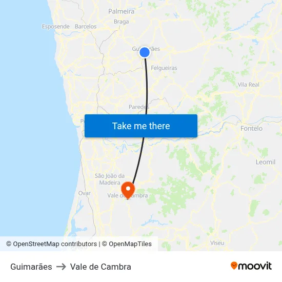 Guimarães to Vale de Cambra map