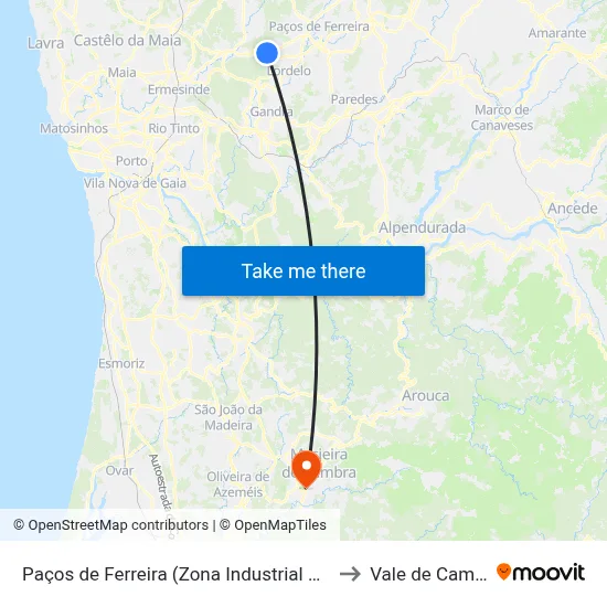 Paços de Ferreira (Zona Industrial Pólo 2) to Vale de Cambra map