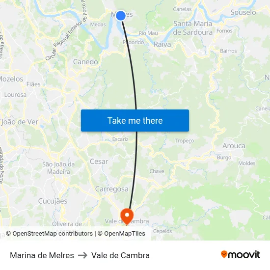 Marina de Melres to Vale de Cambra map