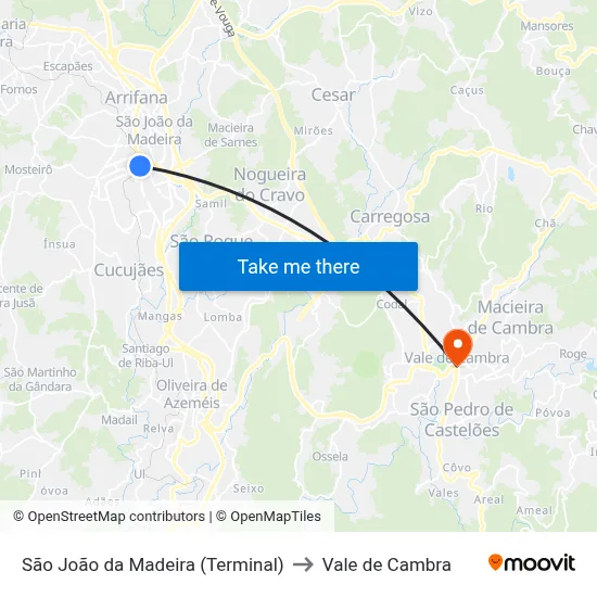 São João da Madeira (Terminal) to Vale de Cambra map