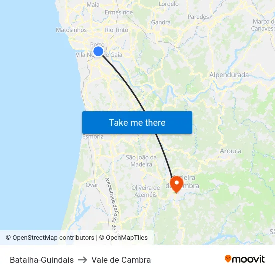 Batalha-Guindais to Vale de Cambra map