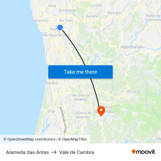 Alameda das Antas to Vale de Cambra map