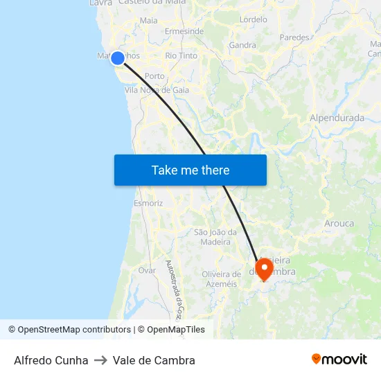 Alfredo Cunha to Vale de Cambra map
