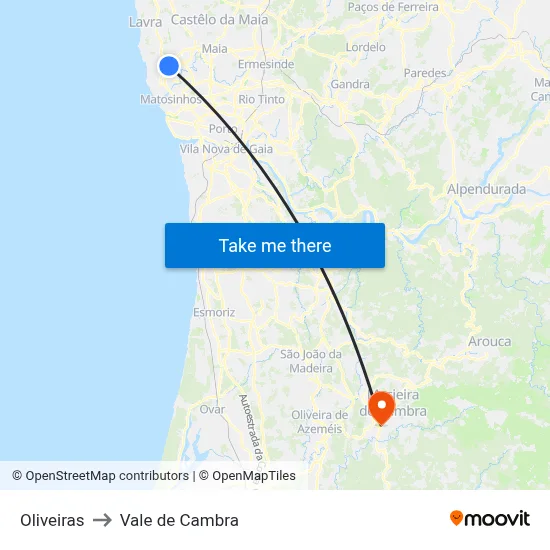 Oliveiras to Vale de Cambra map