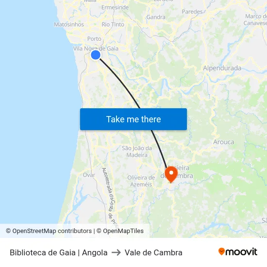 Biblioteca de Gaia to Vale de Cambra map
