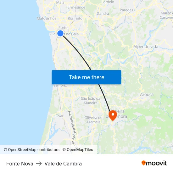 Fonte Nova to Vale de Cambra map