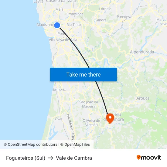 Fogueteiros (Sul) to Vale de Cambra map