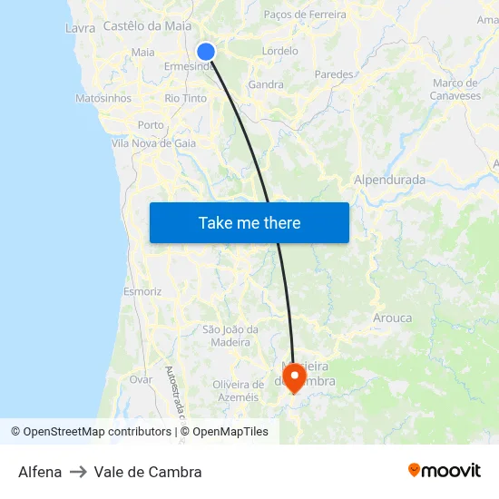 Alfena to Vale de Cambra map