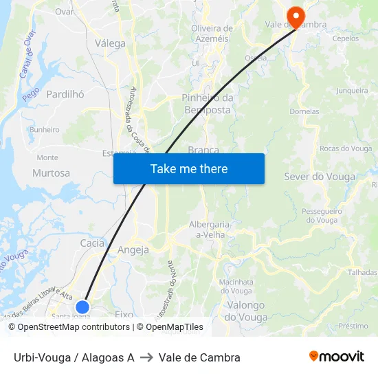 Urbi-Vouga / Alagoas A to Vale de Cambra map