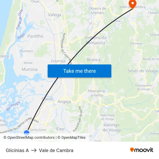 Glicínias A to Vale de Cambra map