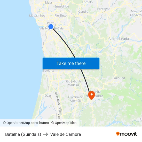 Batalha (Guindais) to Vale de Cambra map