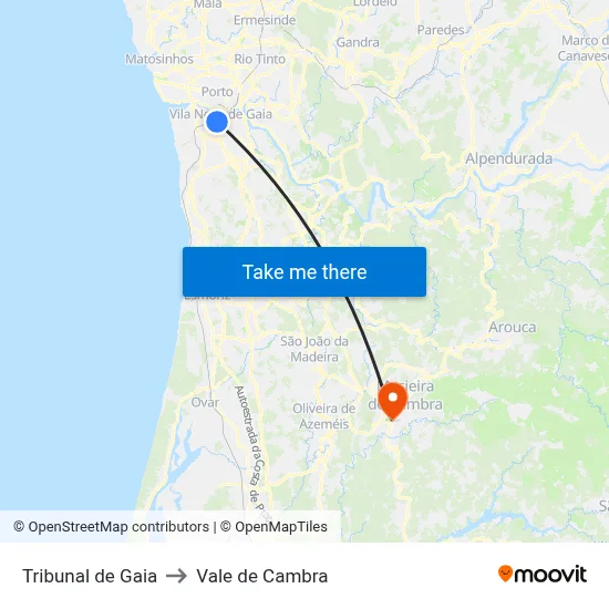 Tribunal de Gaia to Vale de Cambra map