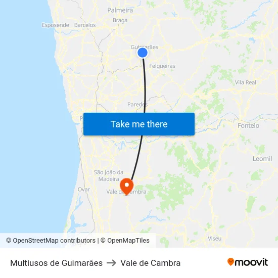 Multiusos de Guimarães to Vale de Cambra map